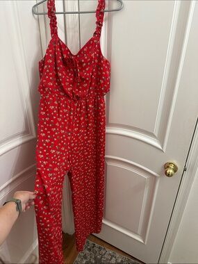 As U Wish Red Floral Tie-Front Jumpsuit